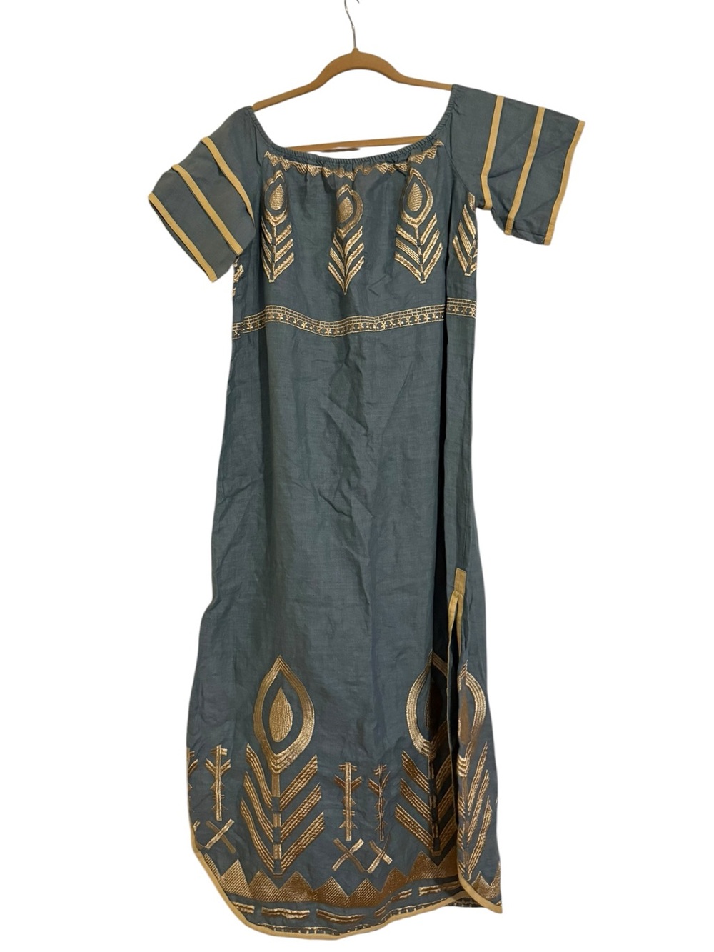 Greek Archaic Kori Feather Embroidered Dress Size S Made in Greece - Picture 3 of 4
